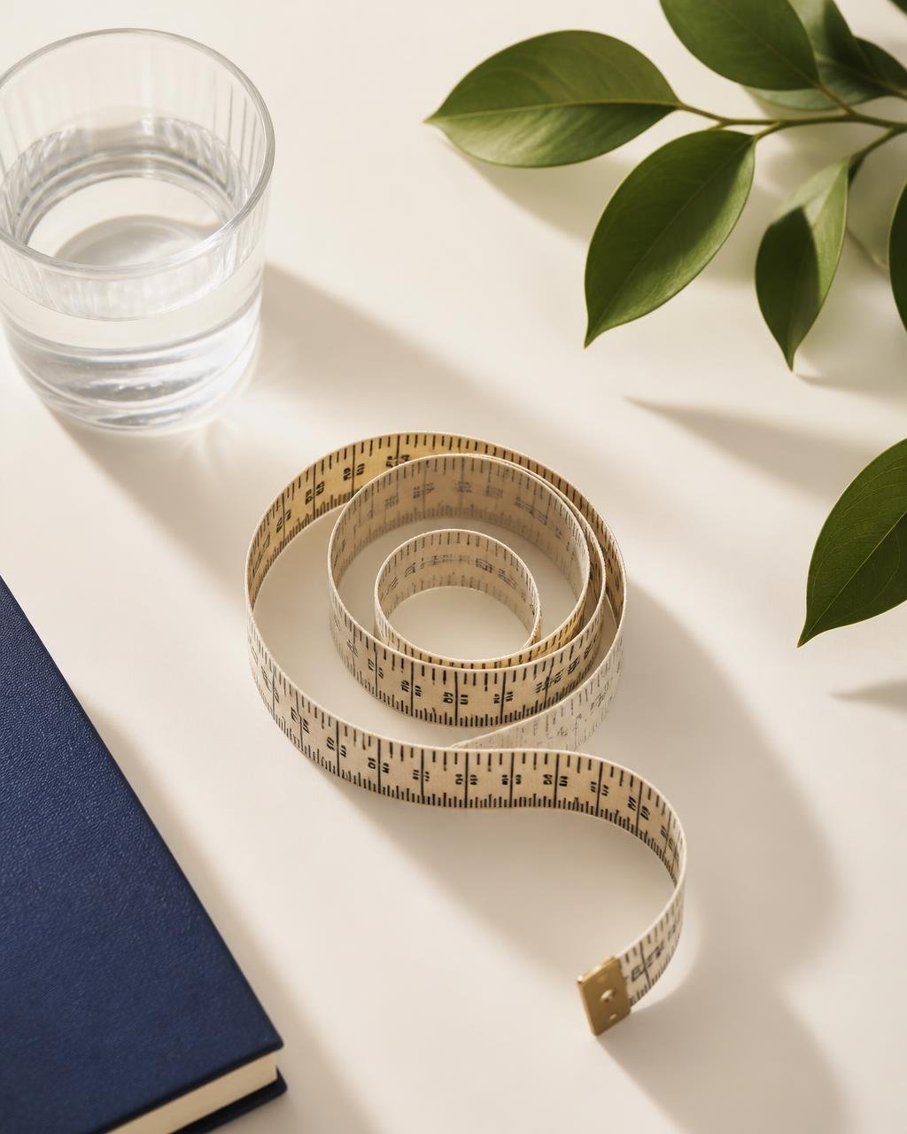 Measuring tape, water glass, and notebook on a clean wellness surface